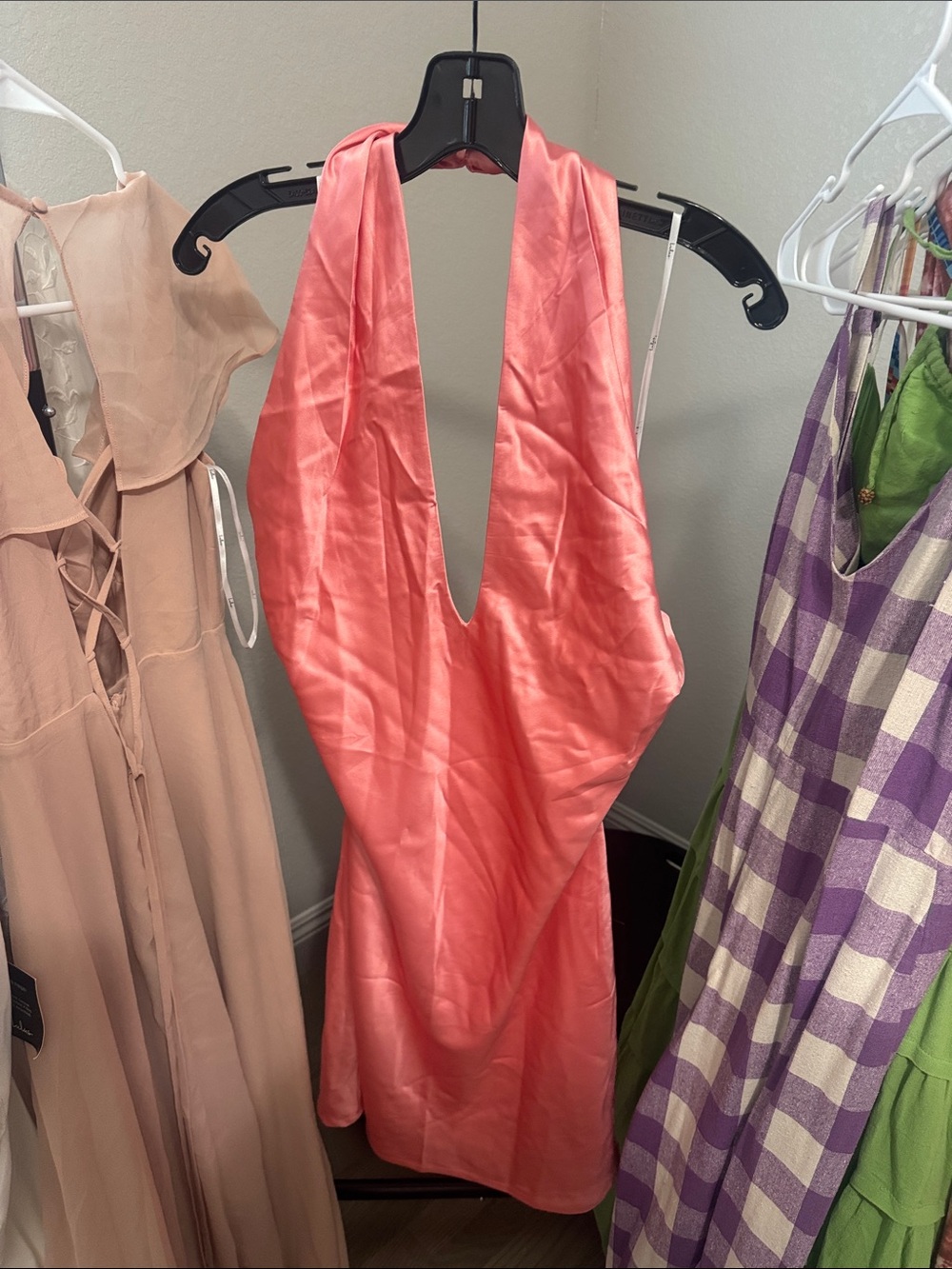 Lulu's Coral Satin Backless Halter Dress